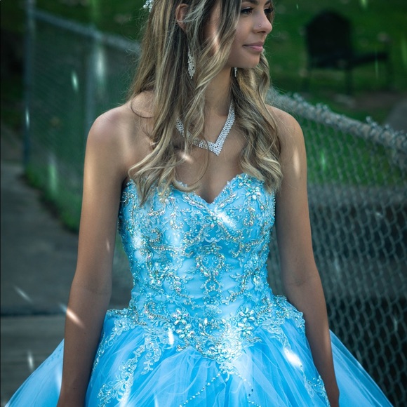 sachin and babi light blue dress Light Blue Tulle Ball Gowns Quinceanera Dress Lace Appliques